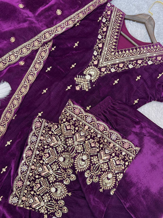 Fantastic Velvet Sequence Work Purple Color Palazzo Suit