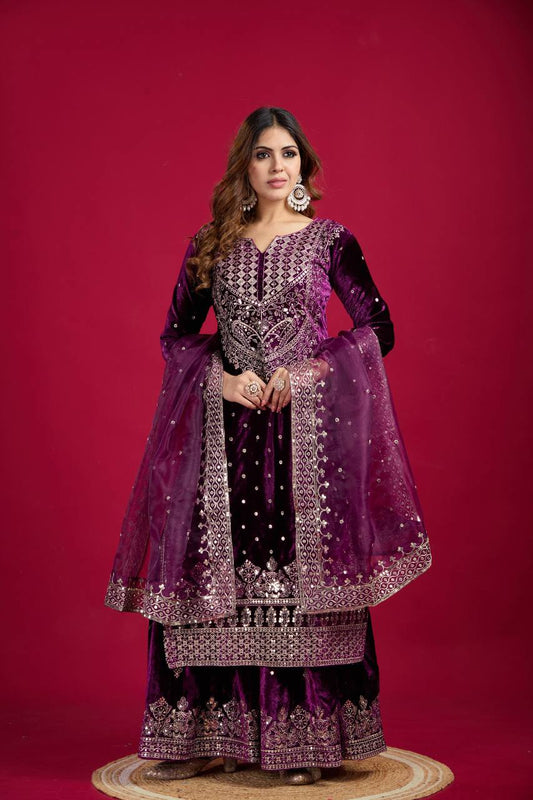 Fashionable Sequence Work Purple Color Top With Plazzo Suit