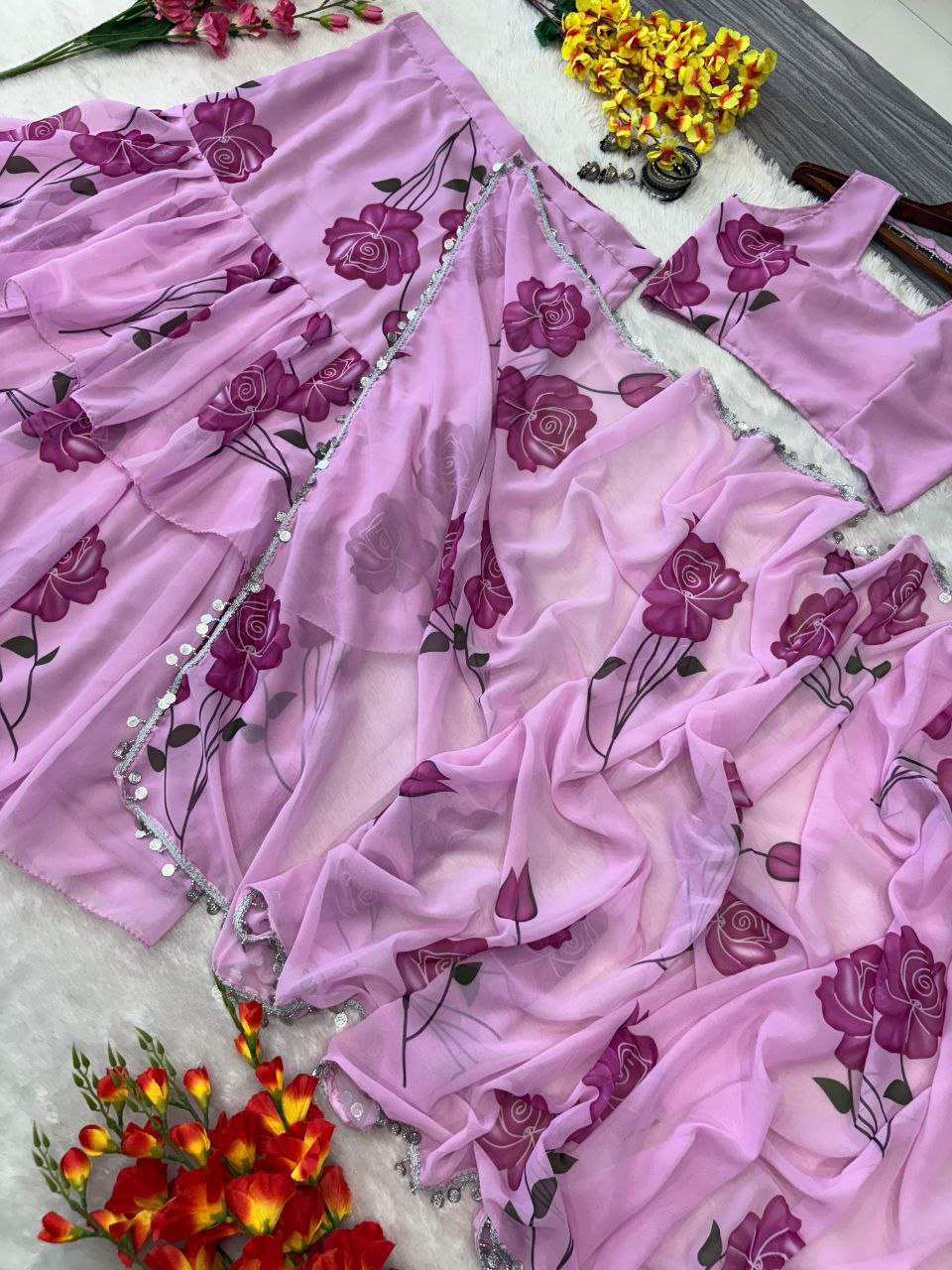 Awesome Georgette Print Lavender color Lehenga saree
