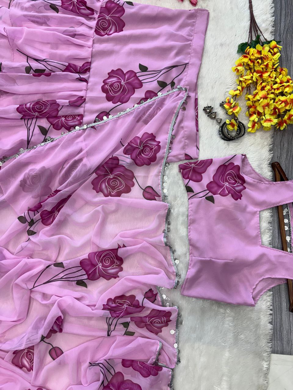 Awesome Georgette Print Lavender color Lehenga saree