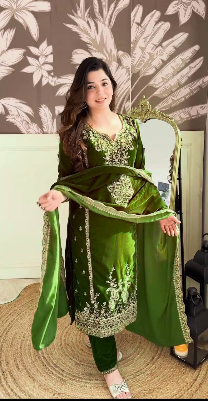 Festive Wear Green Color Sequence Work Kurti Set With Dupatta