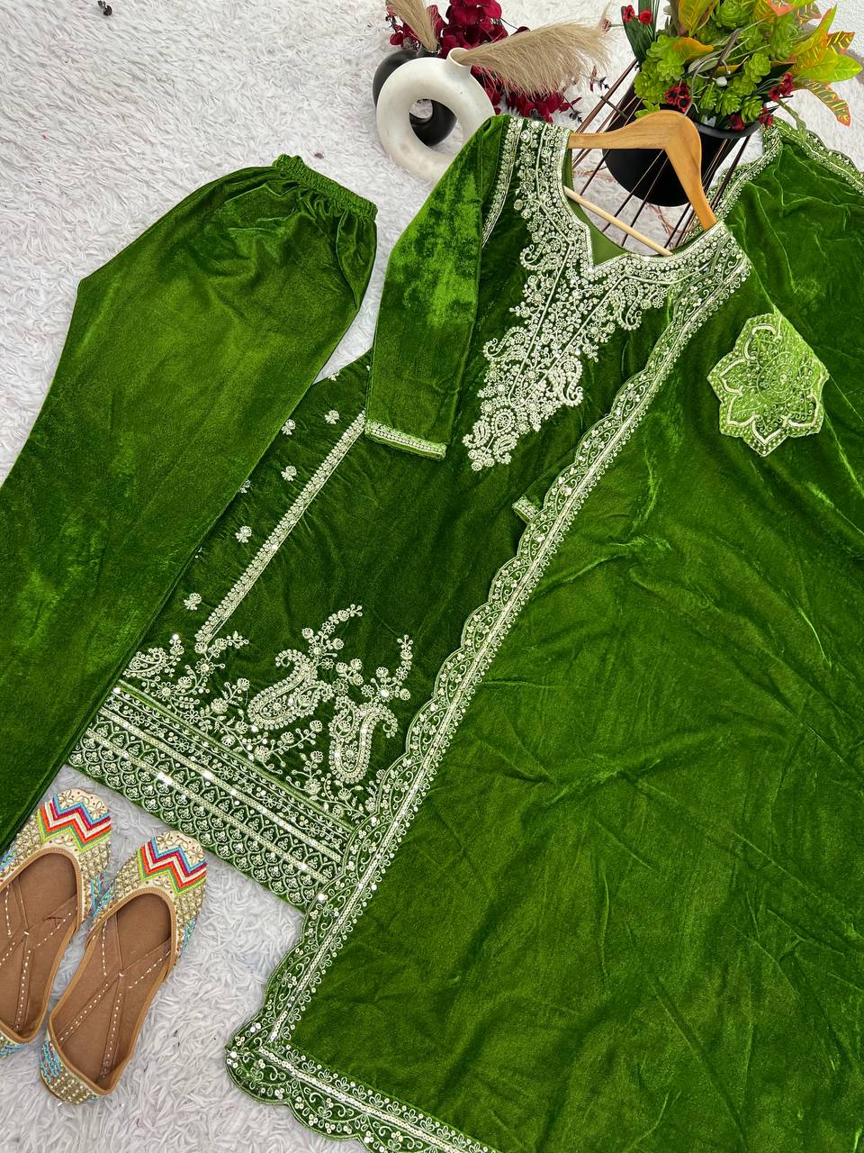 Festive Wear Green Color Sequence Work Kurti Set With Dupatta