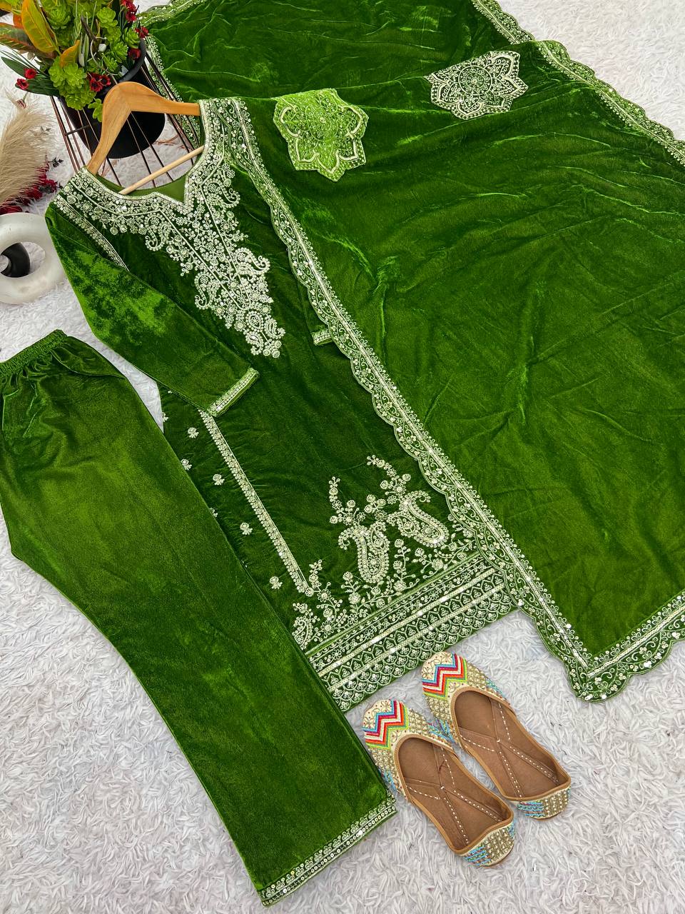 Festive Wear Green Color Sequence Work Kurti Set With Dupatta
