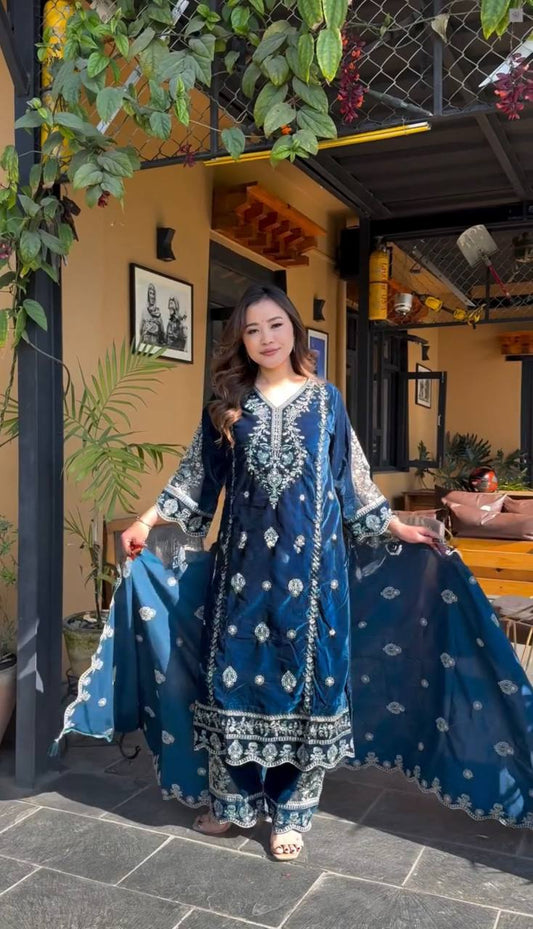 Wonderful Velvet Sequence Work Teal Blue Color Salwar Suit