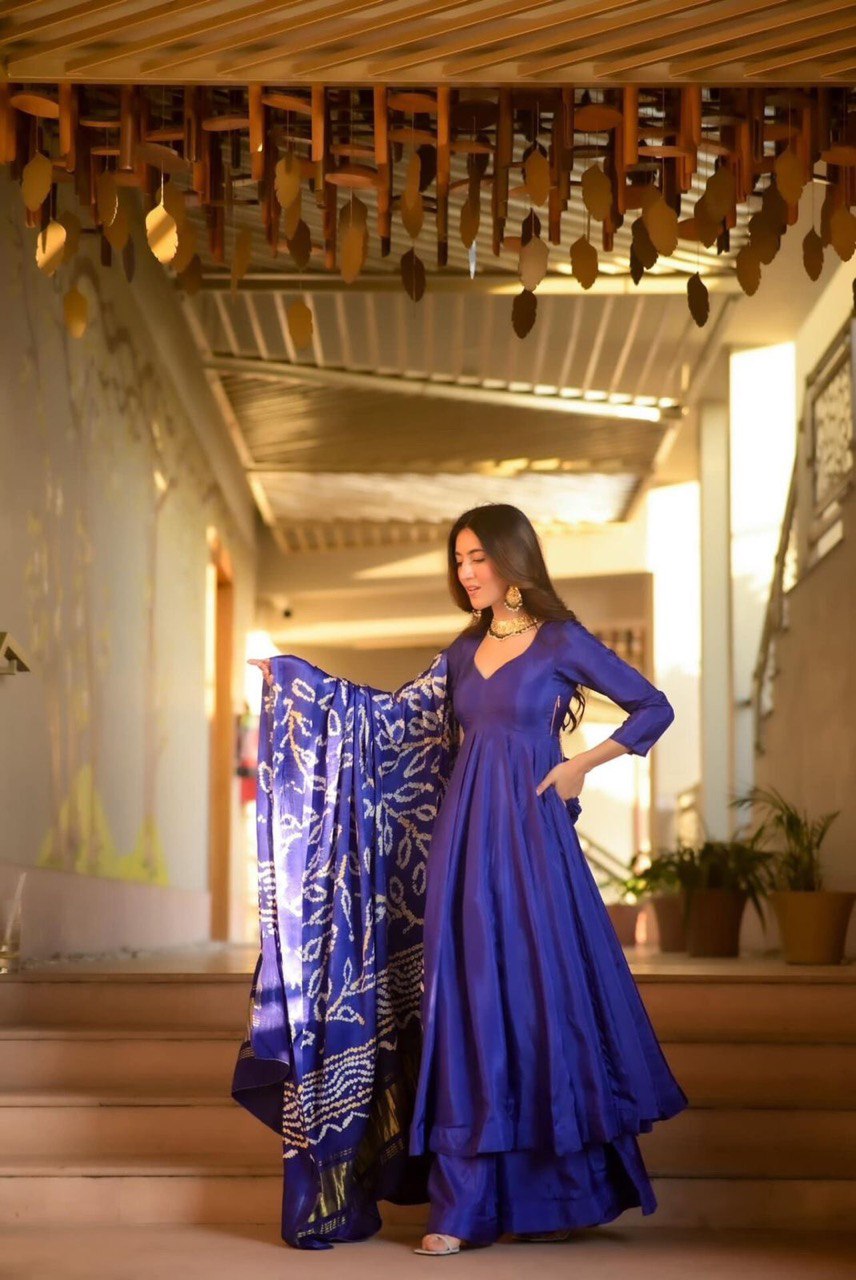 Wedding & Party Wear Chinnon Blue Color Anarkali Gown With Palazzo