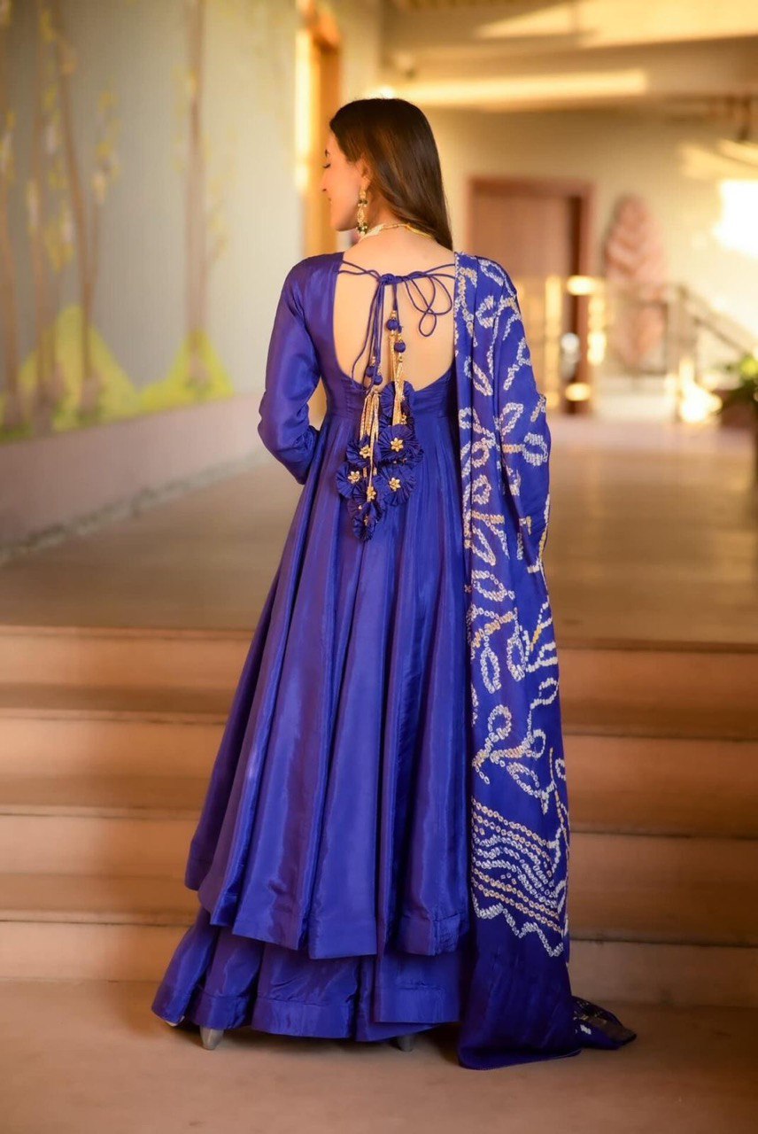 Wedding & Party Wear Chinnon Blue Color Anarkali Gown With Palazzo