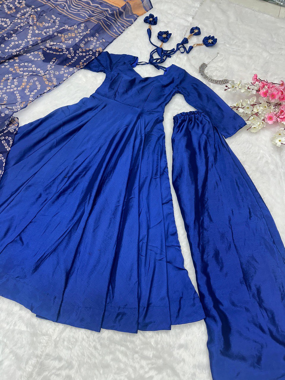 Wedding & Party Wear Chinnon Blue Color Anarkali Gown With Palazzo