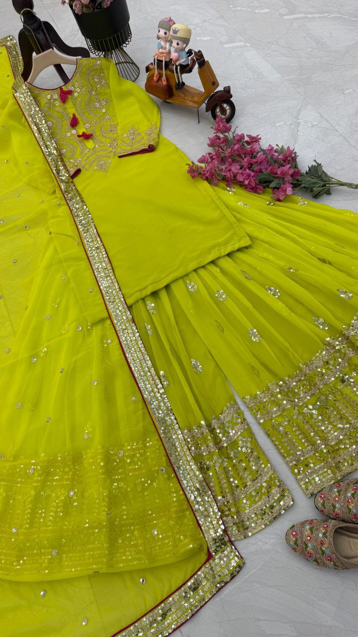 Occasion Wear Georgette Sequence Work Yellow Color Sharara Suit