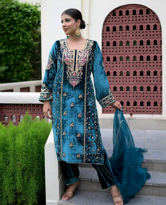 Occasion Wear Teal Blue Color Sequence Work Kurti Set With Dupatta