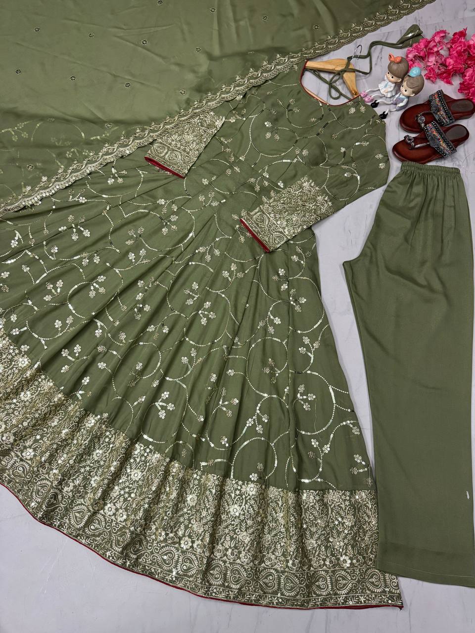 Function Wear Embroidery Work Mehndi Color Gown