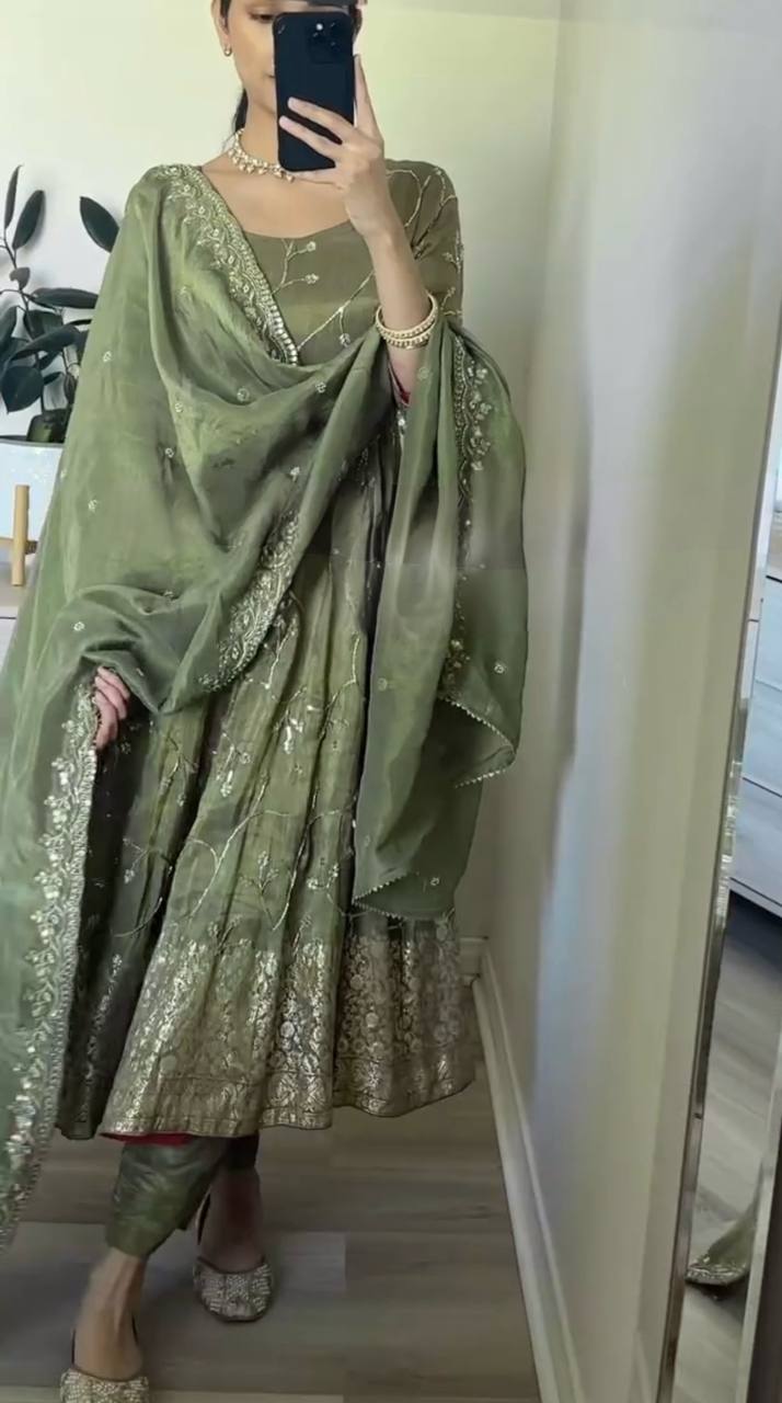 Function Wear Embroidery Work Mehndi Color Gown