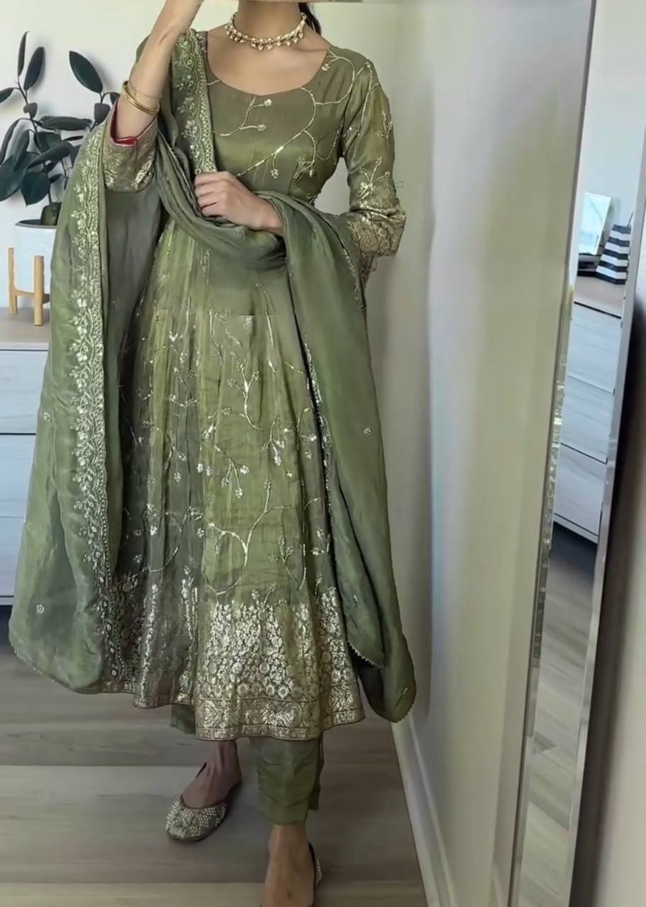 Function Wear Embroidery Work Mehndi Color Gown
