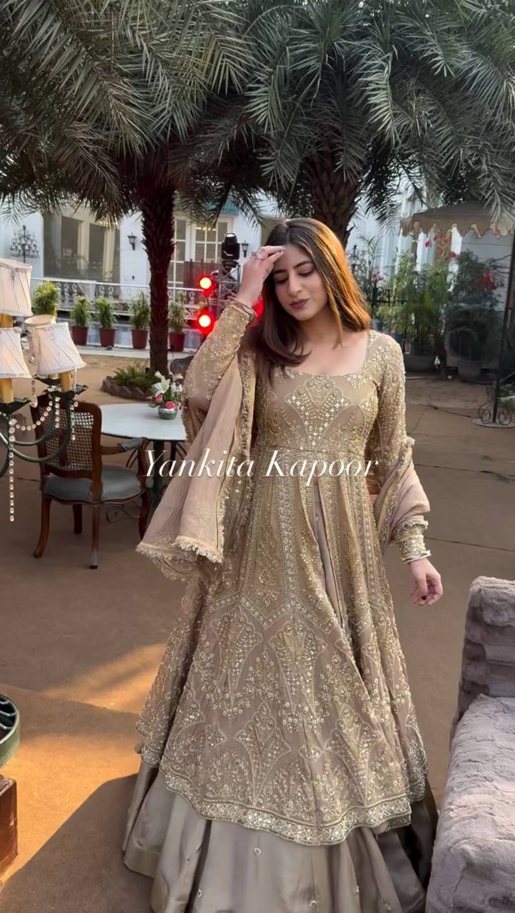 Demanding Chinnon Silk Beige Color Top With Lehenga Choli