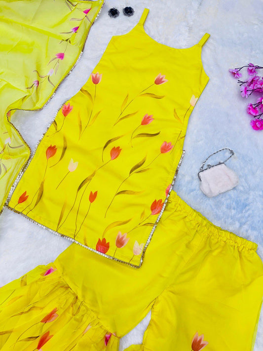 Yellow Color Haldi Wear Floral Printed Sharara Suit