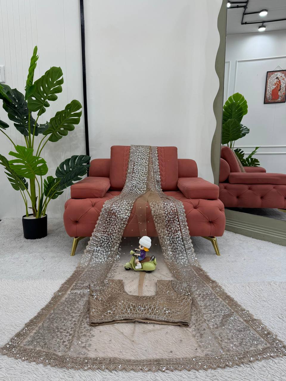 Outstanding Soft Net Beige Color Sequence Work Saree