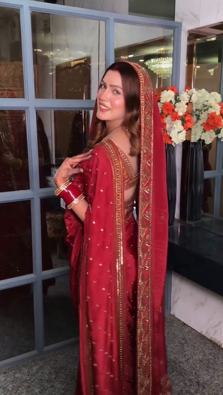 Preferable Satin Silk Red Color Designer Saree