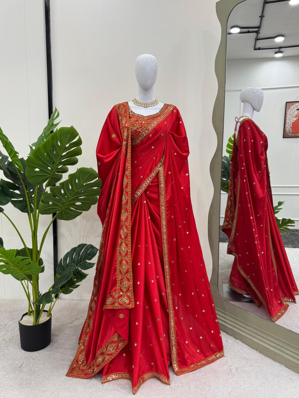 Preferable Satin Silk Red Color Designer Saree