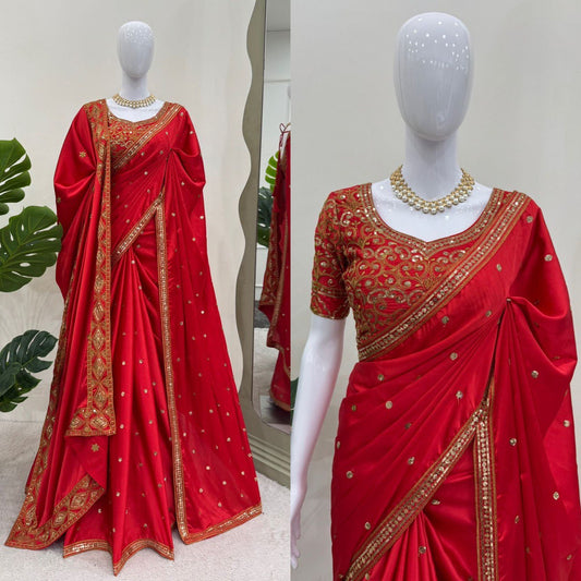 Preferable Satin Silk Red Color Designer Saree