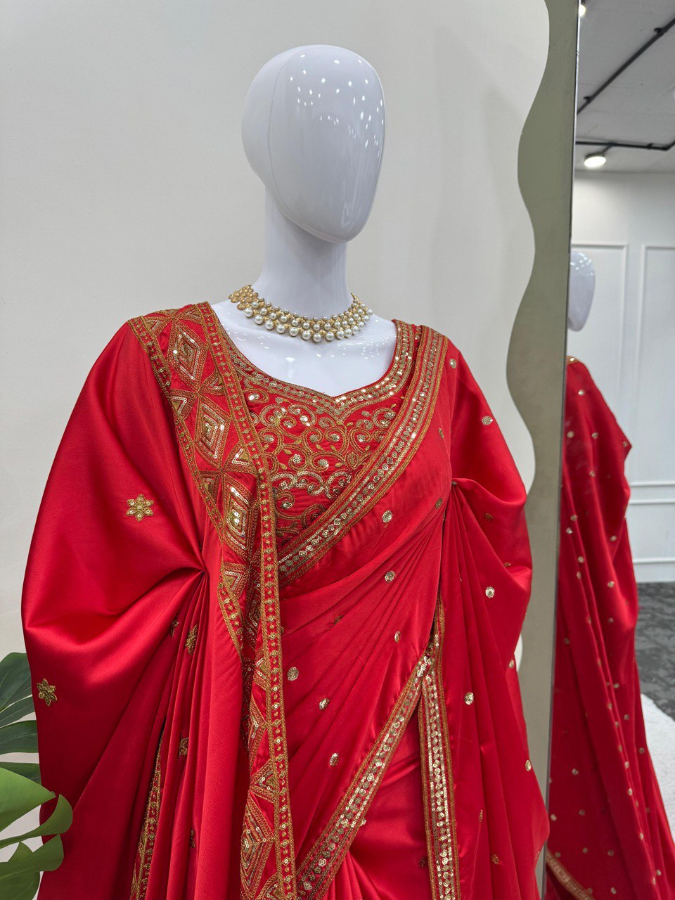Preferable Satin Silk Red Color Designer Saree