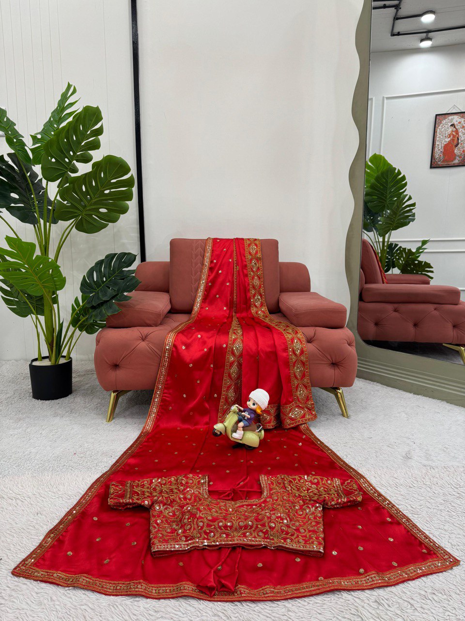 Preferable Satin Silk Red Color Designer Saree