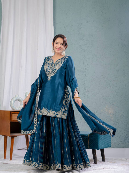 Glimmering Chinnon Silk Sequence Work Teal Blue Color Sharara Suit
