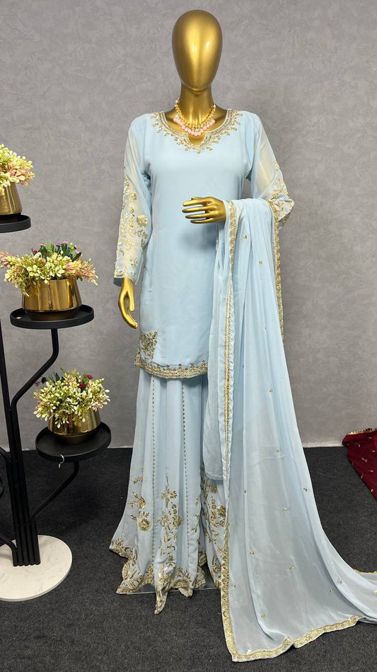 Beautiful Sky Blue Color Kurti With Sharara And Dupatta