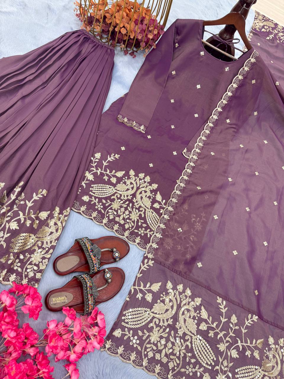 Fantastic Sequence Work Onion Color Palazzo Suit