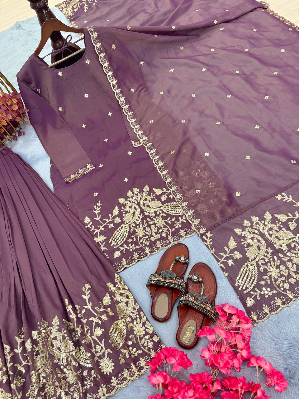 Fantastic Sequence Work Onion Color Palazzo Suit