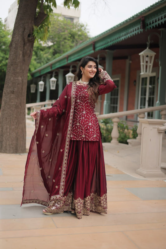 Opulent Rangoli Silk Maroon Color Palazzo Suit With Dupatta