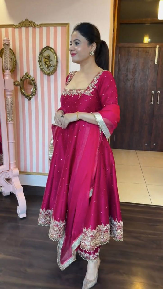 Glimmering Vichitra Silk Pink Color Anarkali Suit