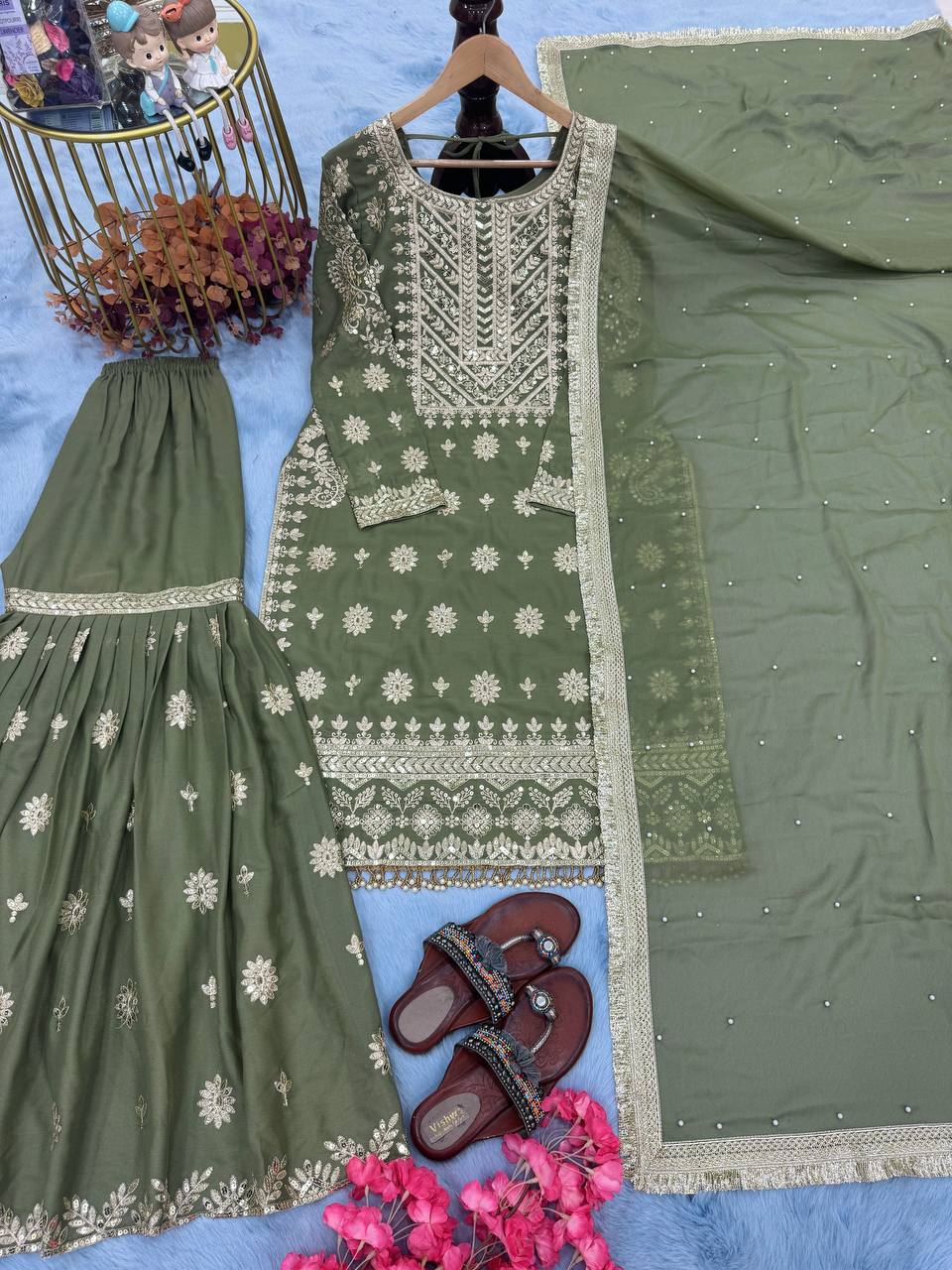 Flattering Georgette Mehndi Green Color Sharara Suit