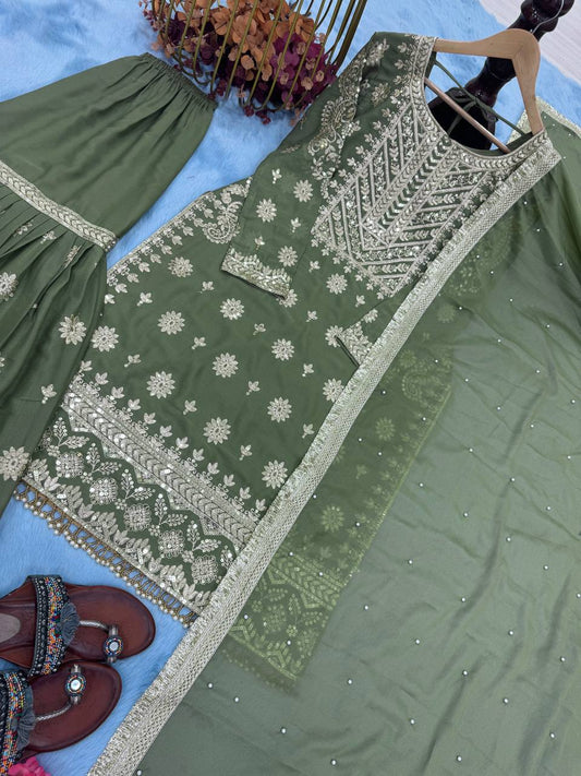 Flattering Georgette Mehndi Green Color Sharara Suit