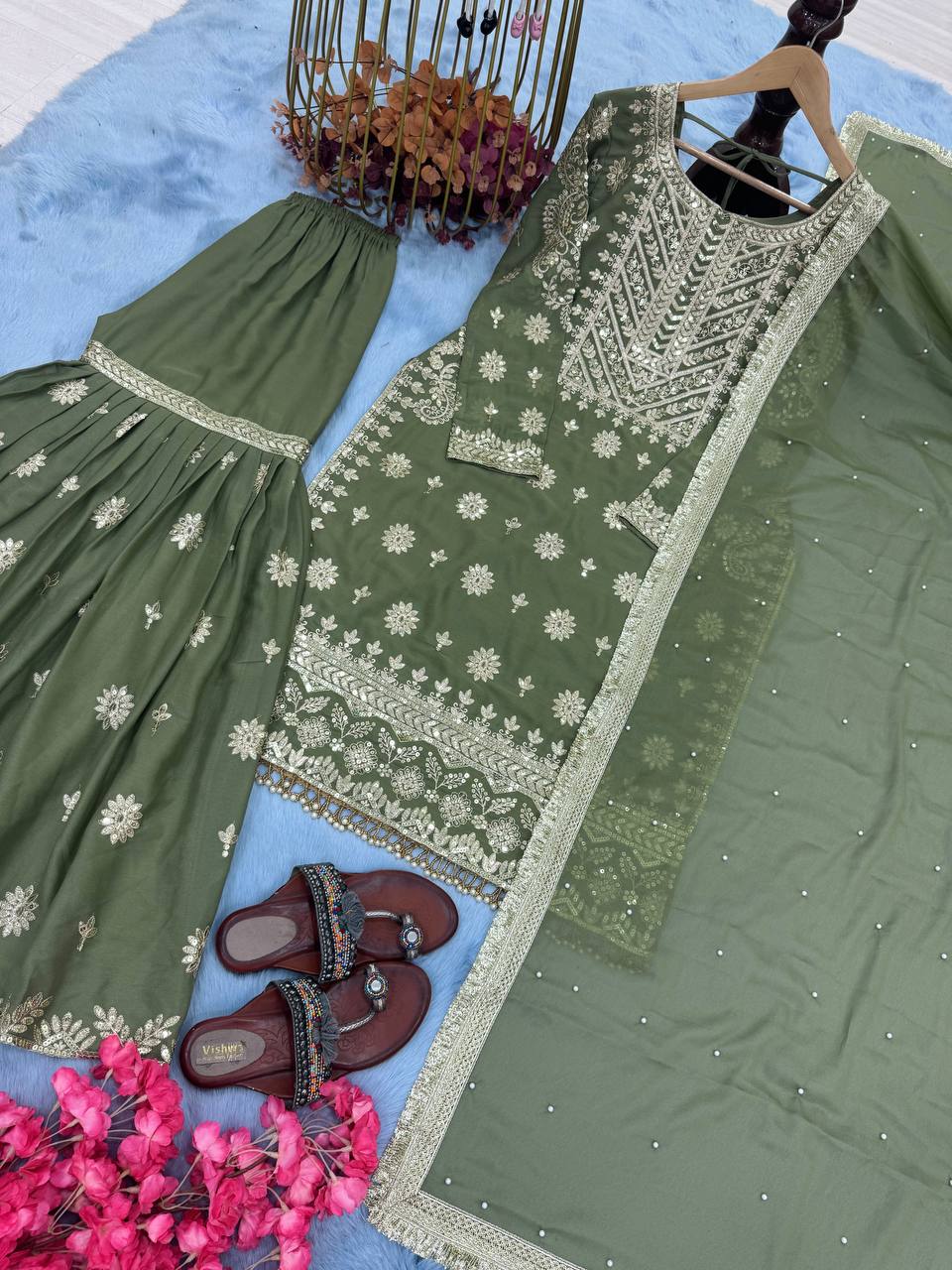 Flattering Georgette Mehndi Green Color Sharara Suit