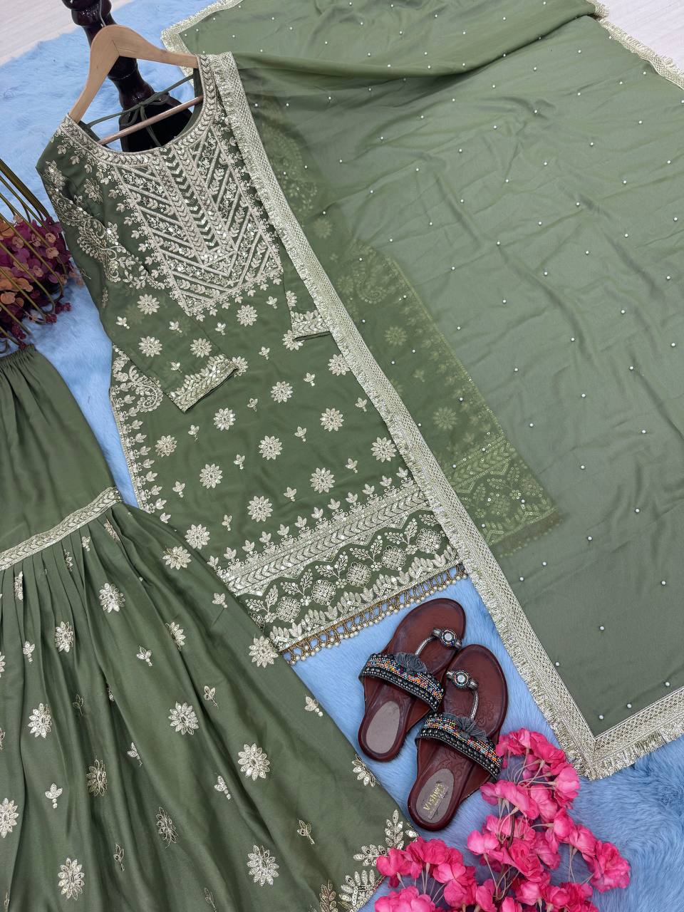 Flattering Georgette Mehndi Green Color Sharara Suit