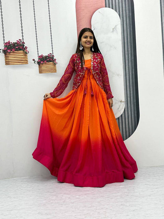 Blissful Chinon Tudey Orange Color Pink Koti Gown