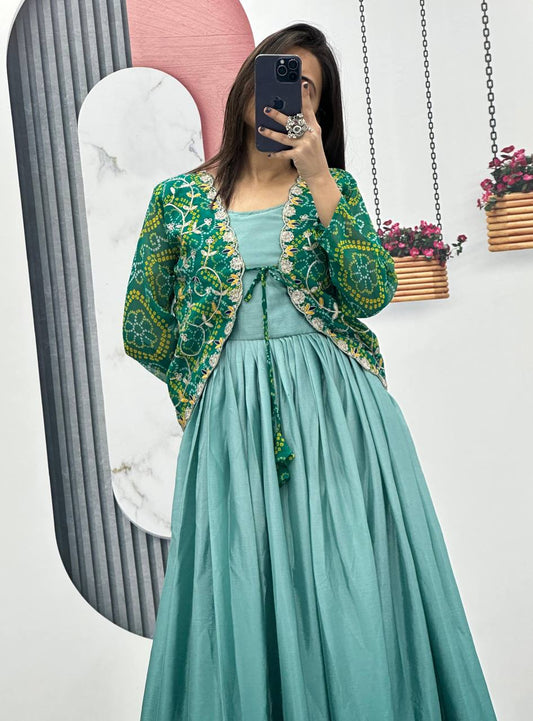 Blissful Chinon Tudey Sky Blue Color Teal Blue Koti Gown