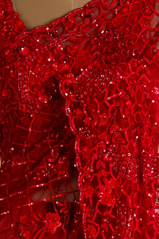 Party Wear Soft Net Red Color Fancy Saree