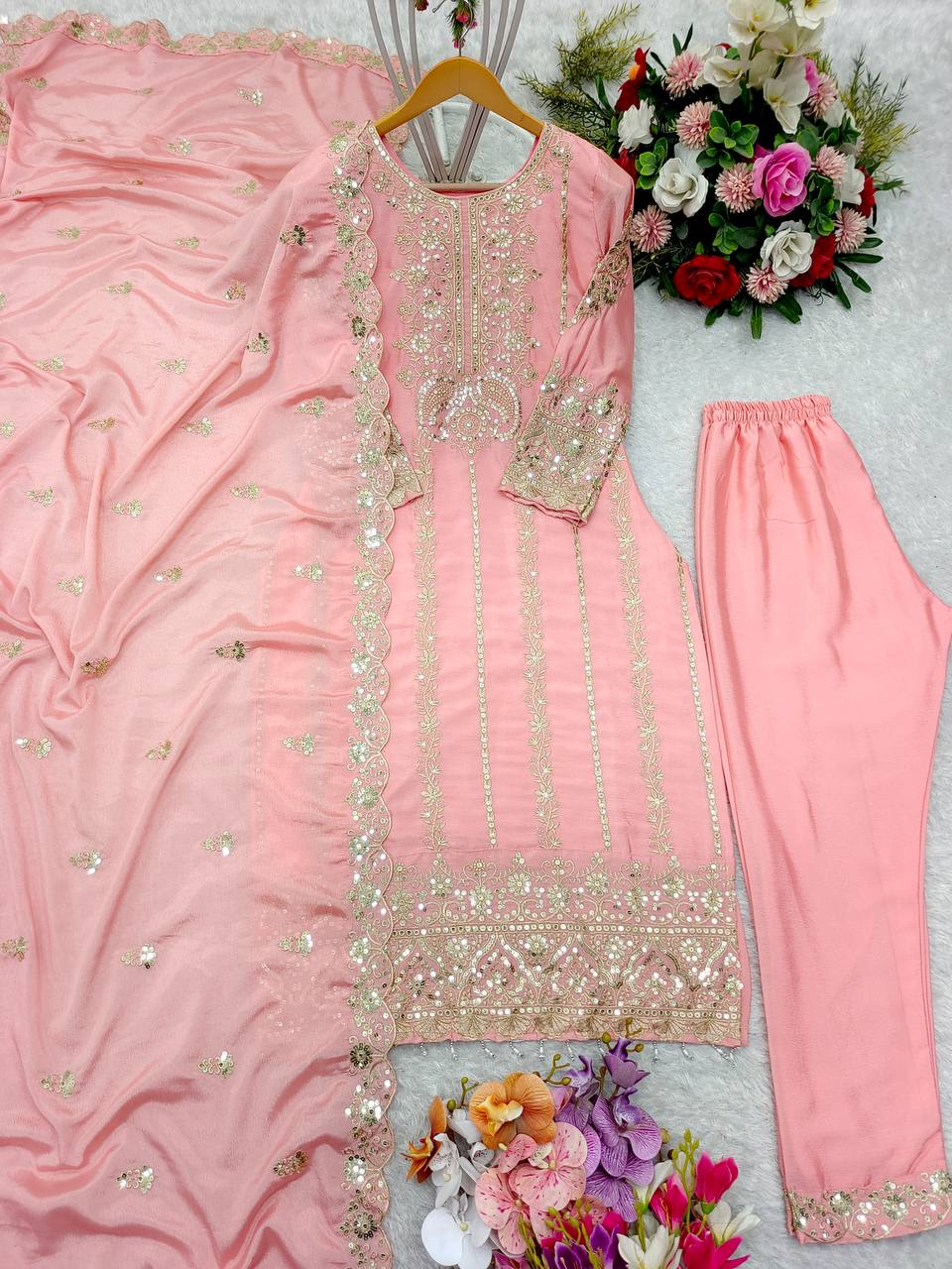 Outstanding Pink Color Top Pent With Dupatta Set