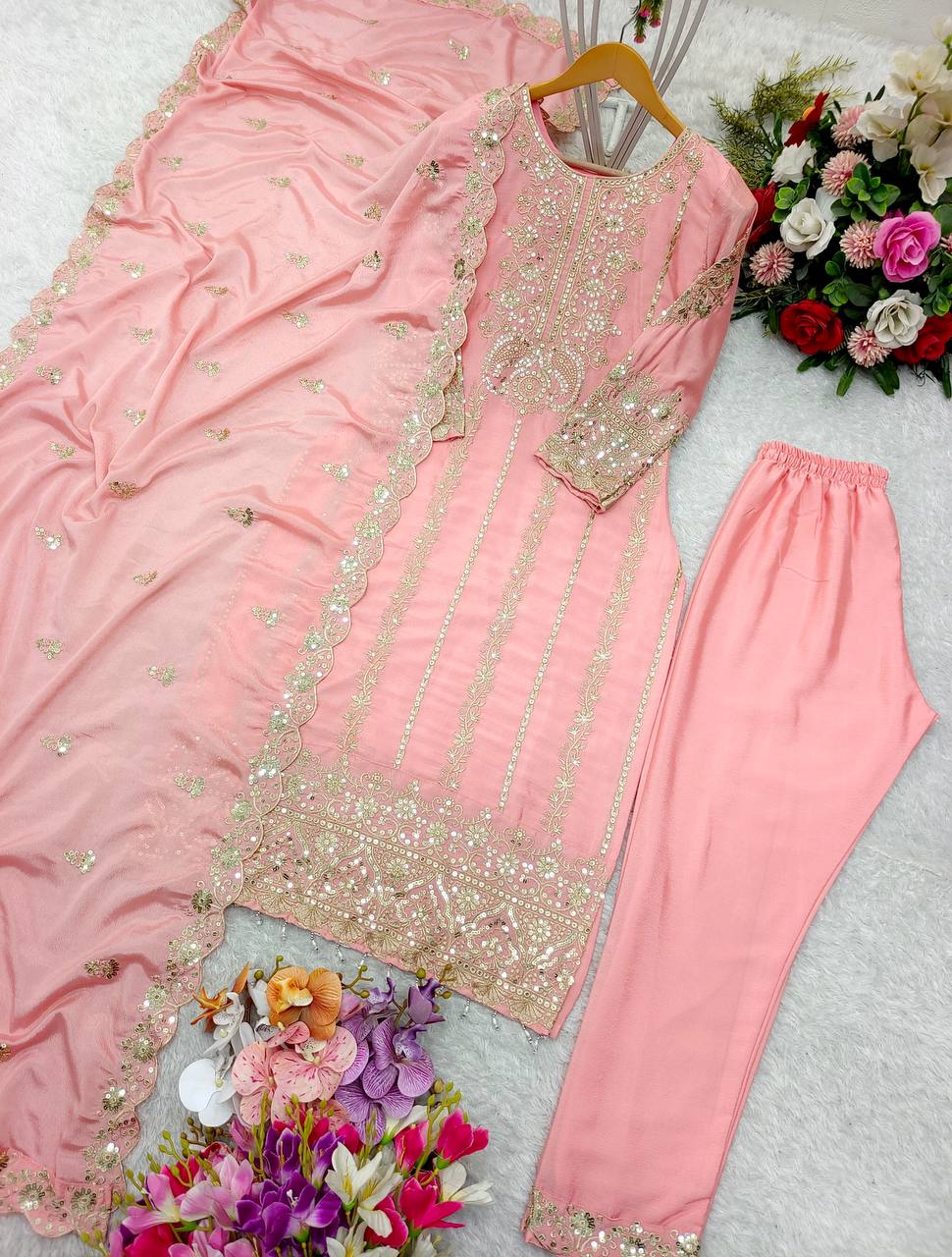 Outstanding Pink Color Top Pent With Dupatta Set