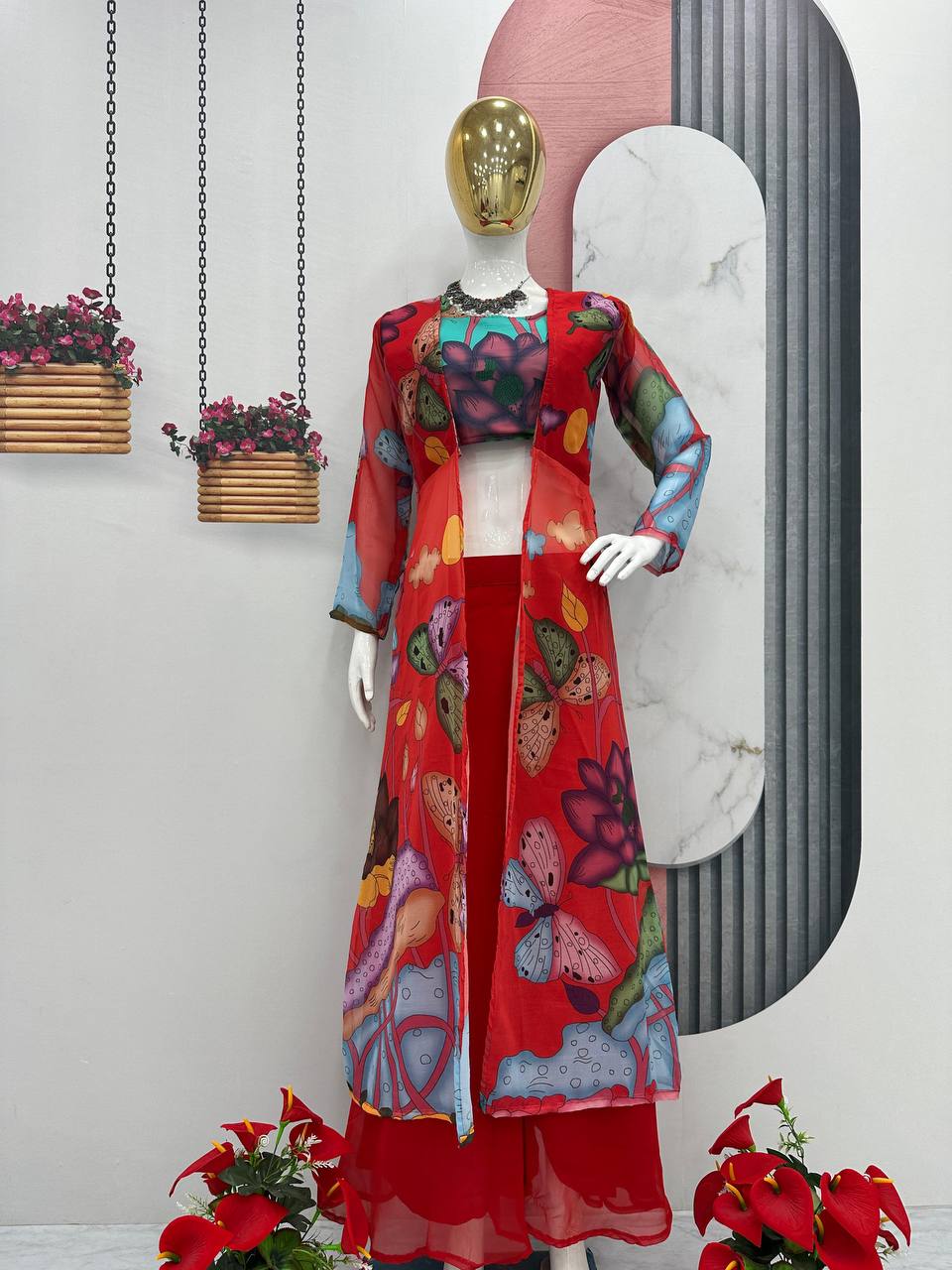 Attractive Kalamkari Print Red Color Palazzo Top With Shrug