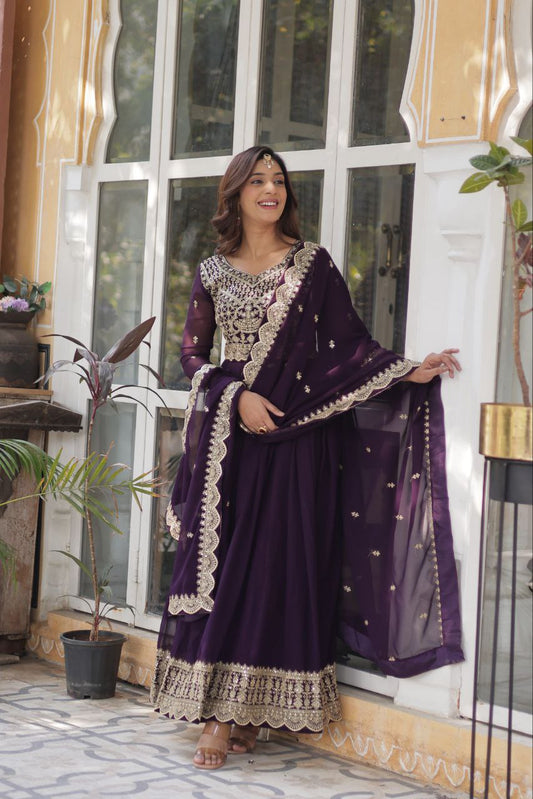 Glossy Zari Sequins Work Purple Color Gown