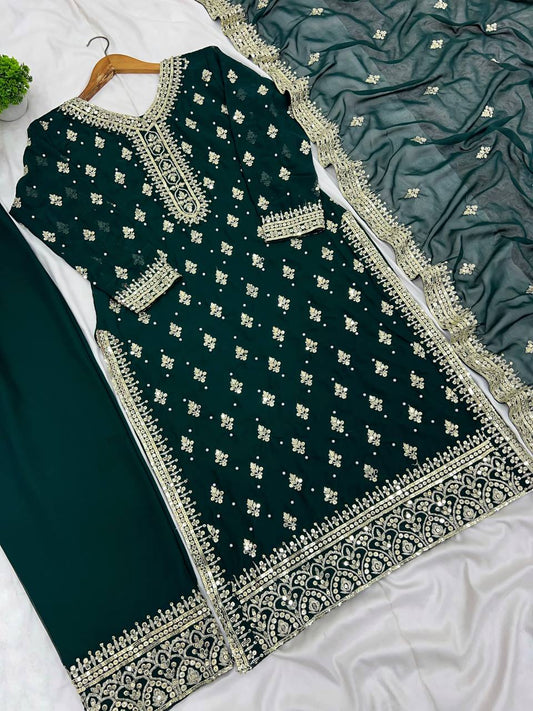 Marvelous Sequence Work Green Color Top Bottom With Dupatta
