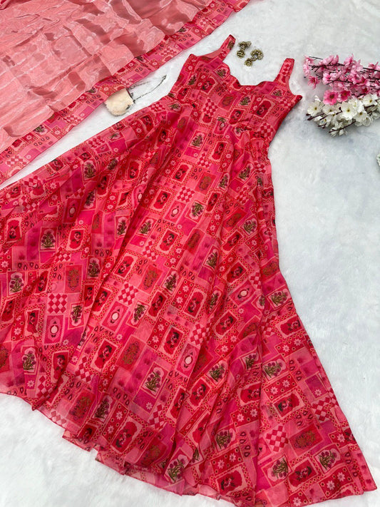 Outstanding organza Silk Red Color Anarkali Gown