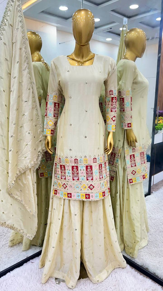 Preferable Of White Color Heavy Embroidery Top Gharara With Dupatta Set