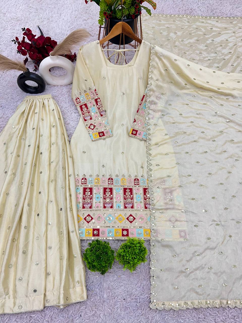 Preferable Of White Color Heavy Embroidery Top Gharara With Dupatta Set