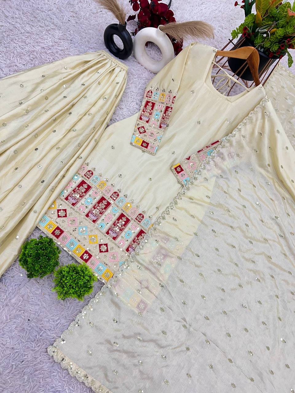 Preferable Of White Color Heavy Embroidery Top Gharara With Dupatta Set