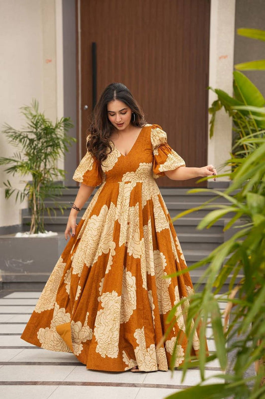 Presenting Digital Print Work Orange Color Gown