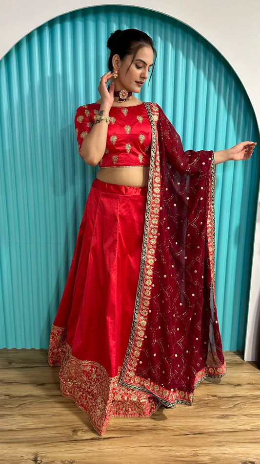 Mesmerizing Red Color Zari And Sequins Work Lehenga Choli