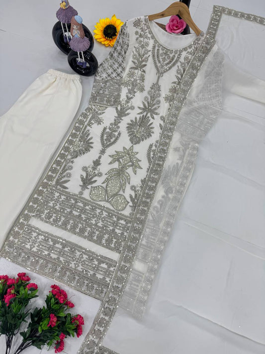 Mesmerizing Embroidery Work White Color Sharara Suit
