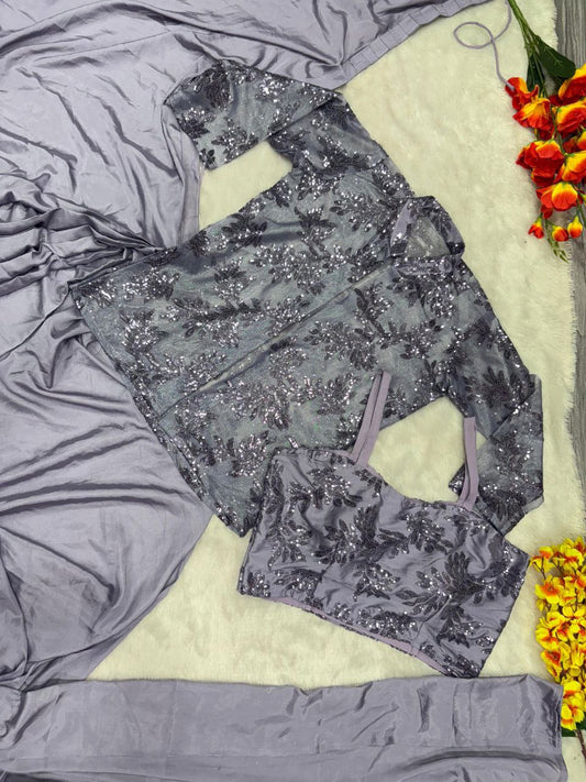 Preferable Embroidery Sequins Work Lavender Color Ready To Wear Saree